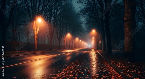 A long road lined with trees and streetlights at night with a foggy atmosphere view