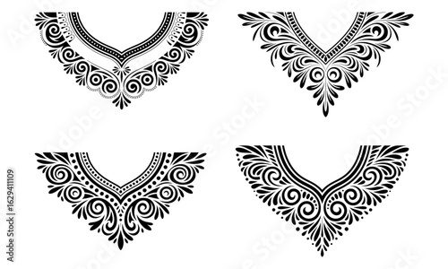 Ornamental neckline vector illustration set with intricate floral and swirl designs for apparel
