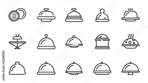 Collection of restaurant serving dish icons in line art style with multiple variations and arrangements