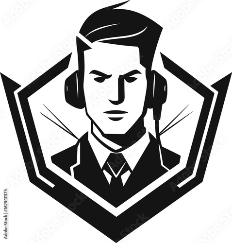 Dynamic Black & White Vector Illustration: Professional Man with Headphones, Perfect for Tech, Gaming, and Business Communication.