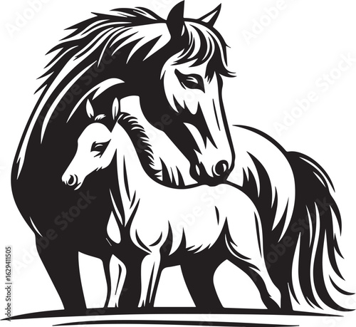 Vector art of elegant mare and foal horse portrait isolated on white background in black and white
