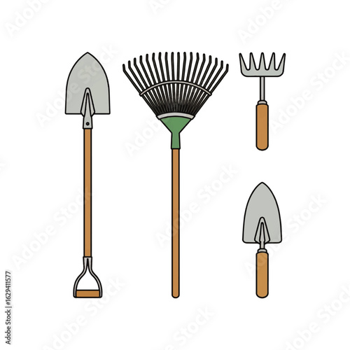 An illustration featuring various gardening tools, arranged on a white background.