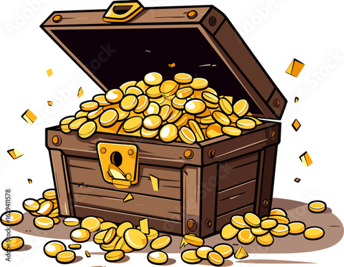 Classic Wooden Treasure Chest Overflowing with Sparkling Gold Coins, Symbolizing Wealth, Fortune, and Abundance, a Riches Icon.