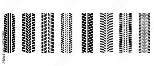 Tire track vector illustration set with different tread patterns in black silhouette style
