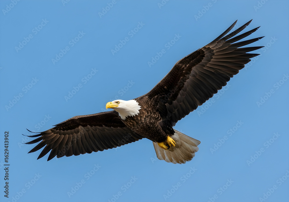 Fototapeta premium Photorealistic bald eagle soaring with wings spread wide against clear blue sky, sharp feathers and intense gaze, majestic wildlife flight