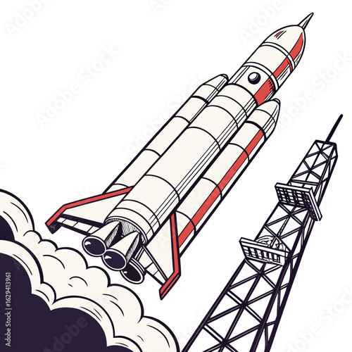Retro style rocket launching from a space launch tower with billowing smoke and white background
