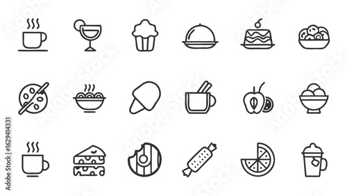 Collection of food and drink icons featuring coffee, desserts, fruits, and other culinary items