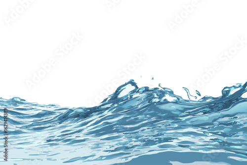 Close-up of a turbulent blue water wave with splashing crests rendered in a stylized graphic illustration style.
