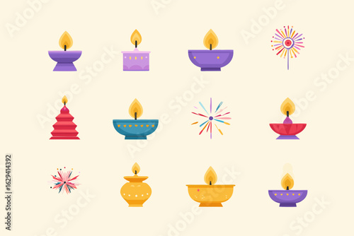 A vibrant collection of decorative Diwali diyas candles and colorful sparkler icons.
