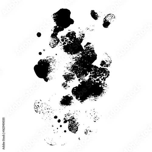 Abstract black ink blotches and splatters creating a textured pattern on a white background with contrast style