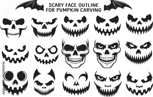 Scary Face Outline Set for Pumpkin Carving Featuring 16 Unique Designs Including Skulls, Grins and Menacing Eyes in Black Vector Style