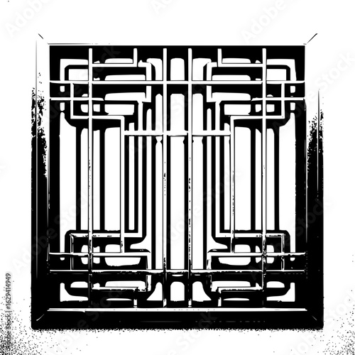 A black and white image of a square frame with an intricate geometric pattern inside the frame design