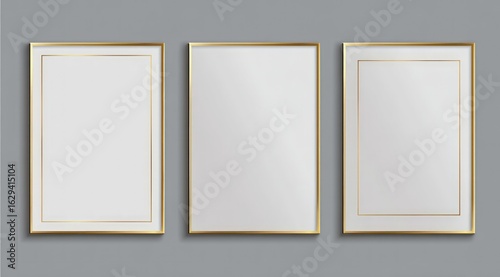 Three empty gold-framed canvases on gray