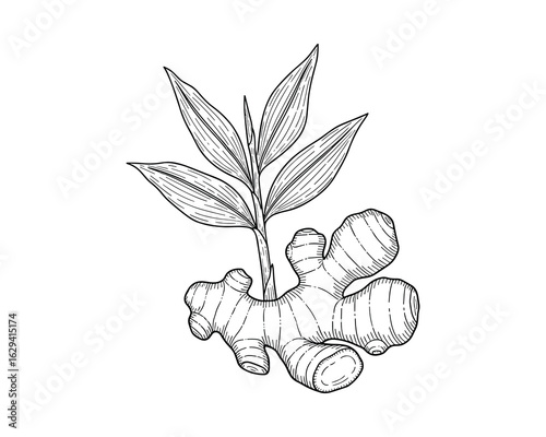 Hand Drawn Ginger Rhizome Plant with Leaves Detailed Line Art Vector Illustration