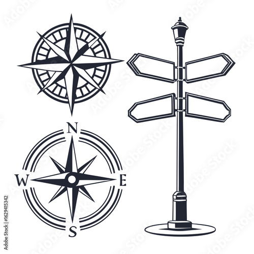 Collection of navigational symbols including two compass roses and a directional signpost with blank signs