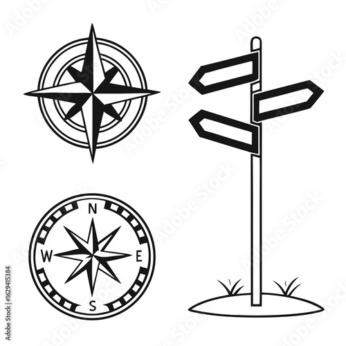 Collection of navigational symbols including two compass roses and a directional signpost with blank arrows on a white background