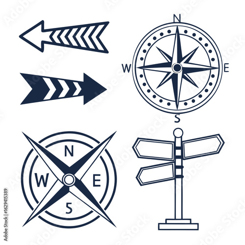 Collection of navigation and directional icons including compasses arrows and a signpost on a white background