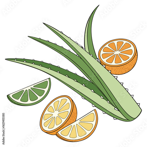 Refreshing arrangement of aloe vera leaves with sliced oranges and lime wedges on a white background