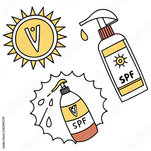 Sun protection concept with sun and two bottles of spf sunscreen lotion with drops of liquid