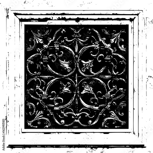 Ornate square panel with floral and circular designs in a black and white framed illustration style