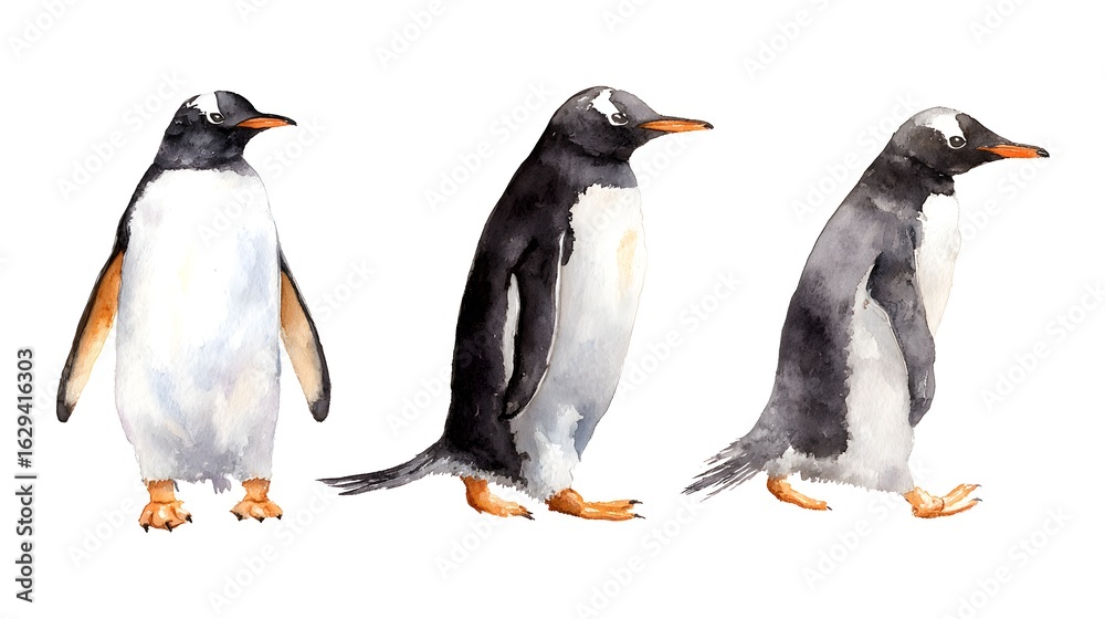 Fototapeta premium Set of watercolor illustrations: a family of gentoo penguins, gulls and ice floes. It's perfect for winter design