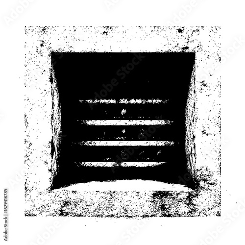 A distressed square concrete frame with horizontal bars creating a dark and textured appearance inside