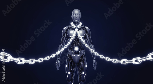 A metallic robot figure, chained, stands against a dark background, symbolizing potential limitations.