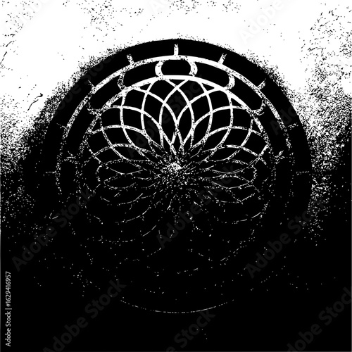 Circular ornate metal grate with intricate floral pattern set against a textured black and white background