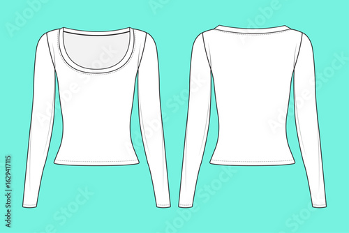 Ladies Wide Neck Long Sleeve Crop T-shirt Fashion Flat Sketch Vector Illustration CAD Mockup.