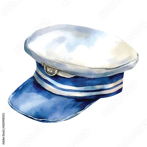 Watercolor illustration of a blue and white sailor hat with silver emblem captain hat