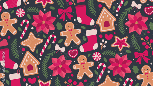 Christmas seamless pattern with gingerbread cookies, stockings, ornaments and festive elements on dark background

