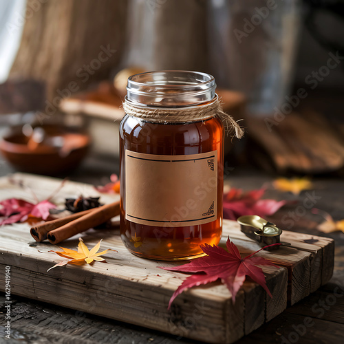 Autumn Inspired Homemade Syrup in Glass Jar with Cinnamon and Maple Leaves Perfect for Thanksgiving and Festive Season