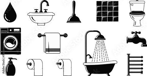 Vector art of collection of bathroom and plumbing icons isolated on white background