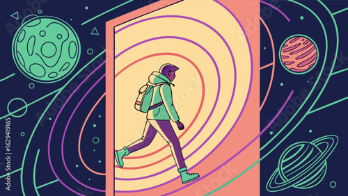 Illustration of a person walking through a portal to space with planets and futuristic design effect
