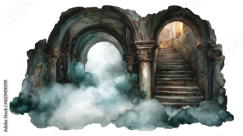 Ancient stone staircase leading to a bright opening with swirling mist architecture steps