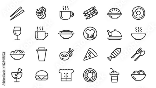 Outlined food icons depicting various dishes beverages and cooking related items in a grid format