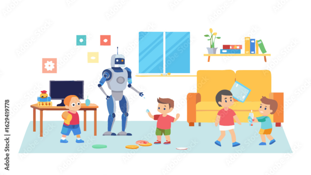 Robot nanny babysitting children playing in living room home automation ai technology for kids illustration Robot nanny babysitting children playing in living room home automation ai technology for kids illustration