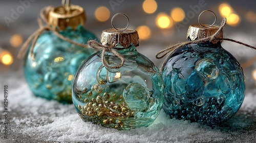 Macro Closeup of Three Light Blue and Teal Glass Christmas Ornaments on Snowy Bokeh Background, Festive Ambiance
