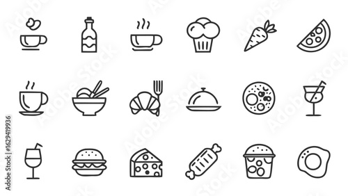 Collection of various food and drink icons arranged in a grid pattern for culinary themes 100