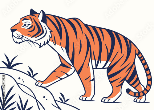 Tiger in Jungle Walking Pose with Bold Stripes