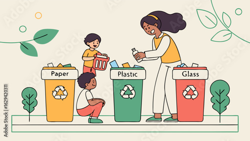 Recycling education for kids illustration showing paper plastic and glass sorting with family theme art