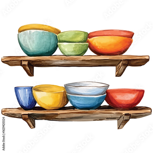 Watercolor ceramic dishes and bowls on wooden shelves ceramic bowls illustration