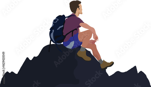 Hiker with backpack for adventure sitting on mountain top . Cartoon style vector illustration on isolated background.