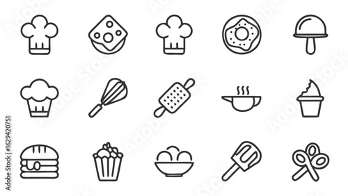Outline icons of culinary items including chef hats, desserts, and various kitchen utensils shown