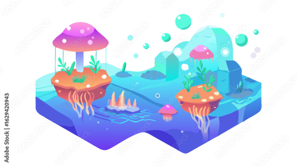 Obraz premium Isometric fantasy island with mushroom trees floating in blue water vector illustration design art
