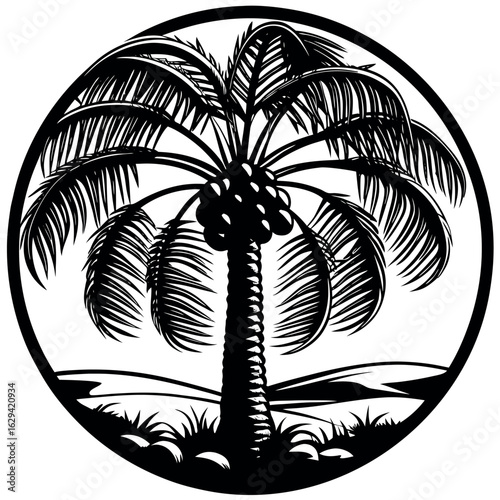 Black silhouette of a mature palm tree with coconuts and foliage vector