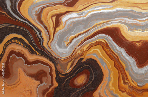 An abstract background of swirling patterns in earthy tones with hints of gold and silver