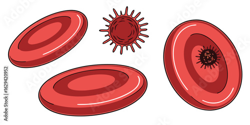 Illustration of red blood cells and a virus particle, showcasing the microscopic world isolated on white background