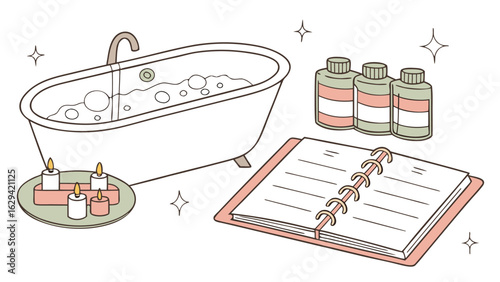 A relaxing bath setup with a clawfoot tub filled with bubbles four lit candles on a tray three bottles of bath products and an open planner