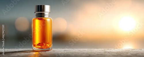 Golden liquid in a glass bottle with soft lighting and a warm sunset background creating a tranquil atmosphere for relaxation and wellness